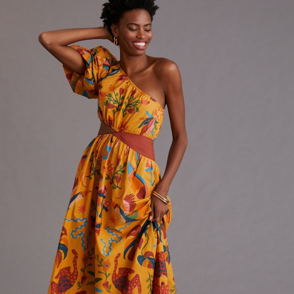 Farm Rio x Anthropologie Sunny Jungle One Shoulder Cut Out Maxi Dress Yellow L